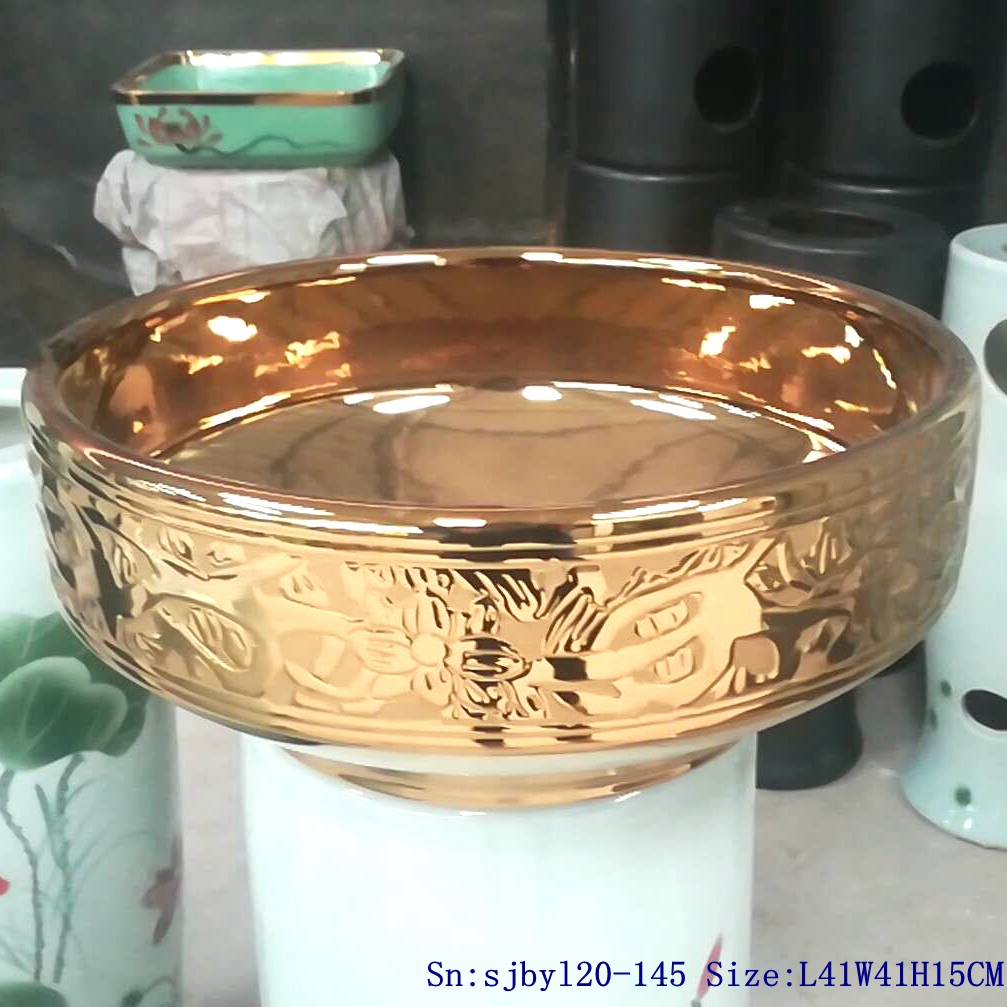 sjbyl20-145-台盆-金属釉和电镀系列-镀金金钟黑白花2 sjby120-145 Jingdezhen gold-plated flower pattern ceramic washbasin - shengjiang  ceramic  factory   porcelain art hand basin wash sink