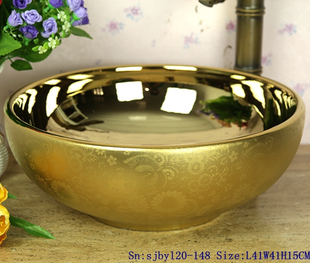 sjbyl20-148-台盆-金属釉和电镀系列-蝶舞镀金罗汉 sjby120-148 Jingdezhen gold plated ceramic washbasin with butterfly pattern - shengjiang  ceramic  factory   porcelain art hand basin wash sink