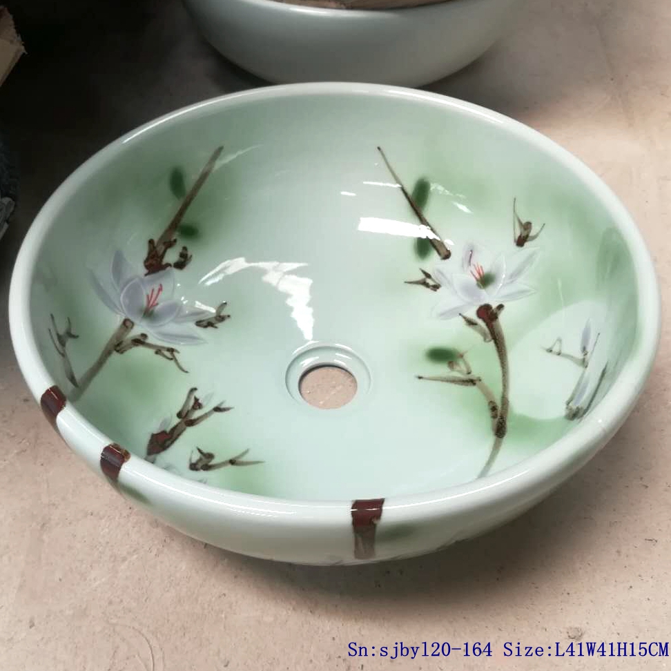 sjbyl20-164-水色玉兰2 sjby120-164 Jingdezhen lake green Magnolia design washbasin - shengjiang  ceramic  factory   porcelain art hand basin wash sink