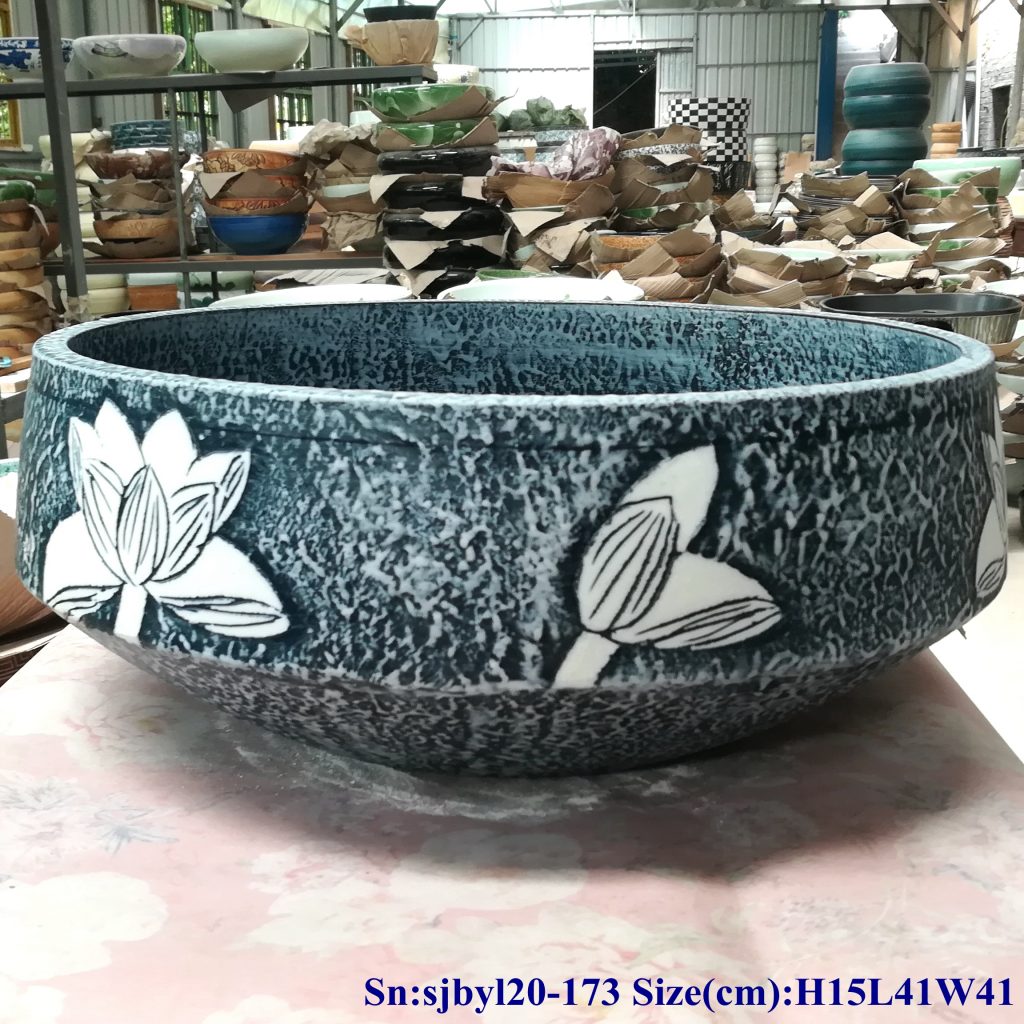 sjbyl20-173-青黑色雕荷3-1024x1024 sjby120-173 Jingdezhen blue black carved lotus wash basin - shengjiang  ceramic  factory   porcelain art hand basin wash sink