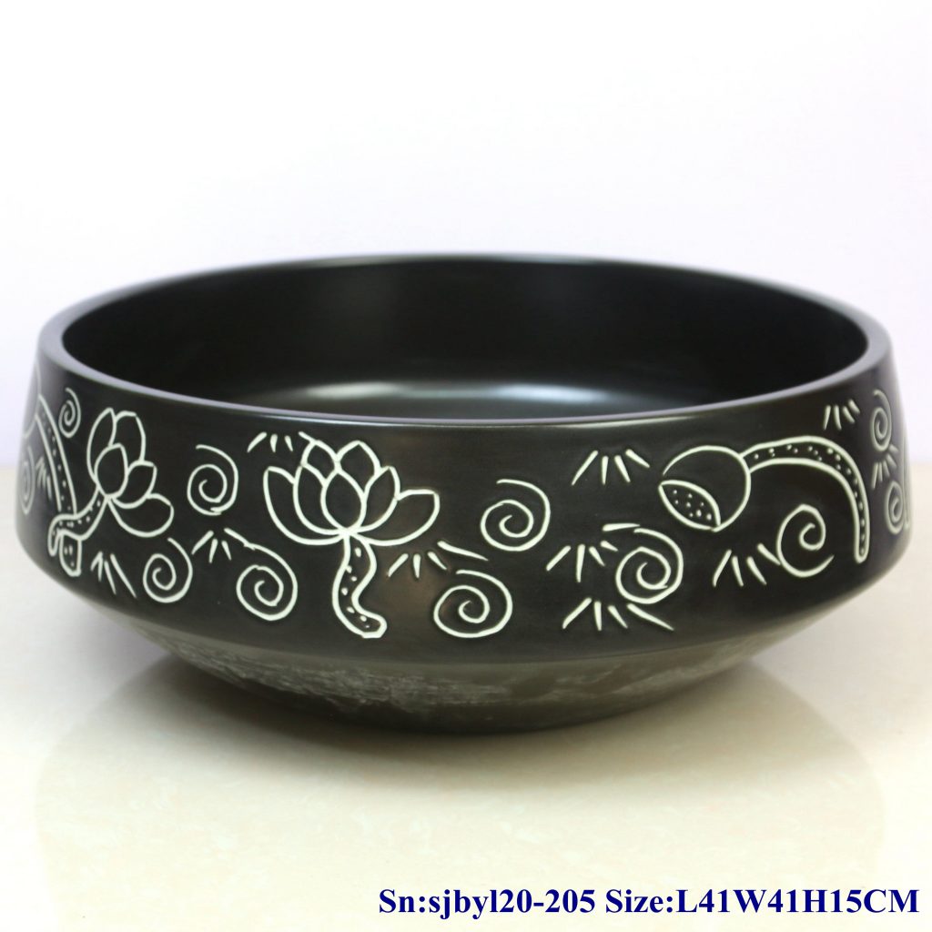 sjbyl20-205-简笔荷花-1024x1024 sjby120-205 Hand painted wash basin with black and white lotus pattern - shengjiang  ceramic  factory   porcelain art hand basin wash sink