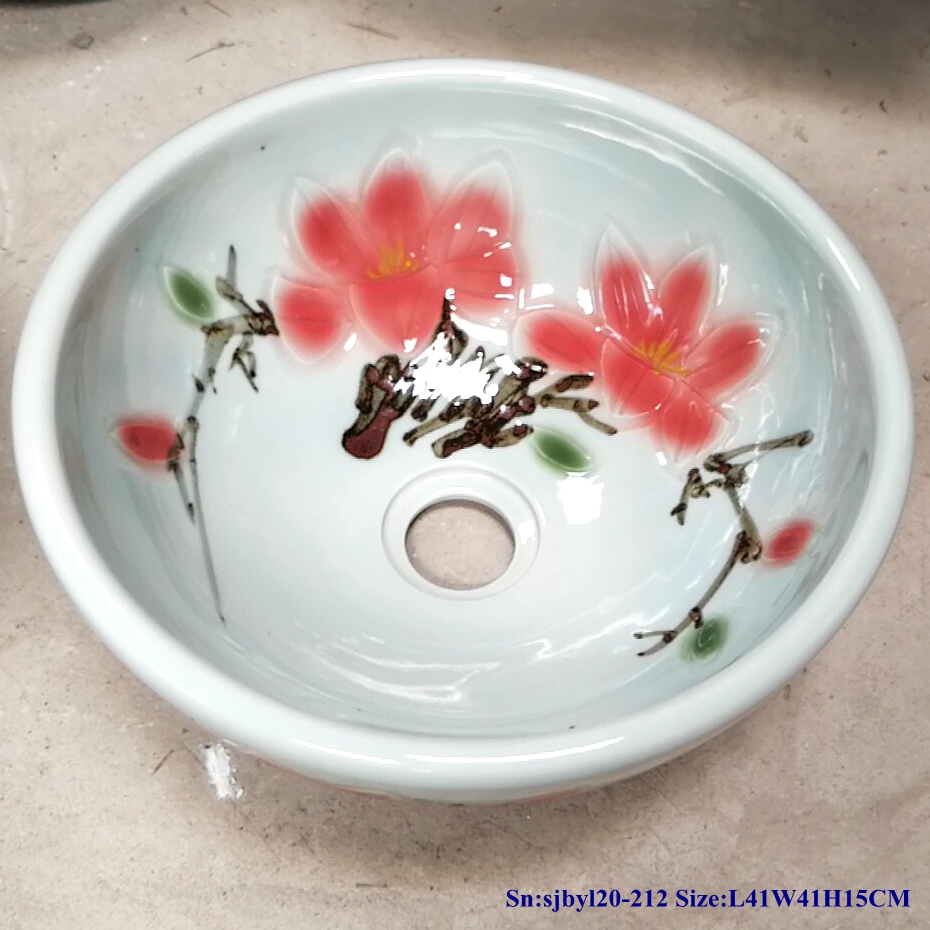 sjbyl20-212-红桃花1 sjby120-212Jingdezhen red peach blossom pattern washbasin - shengjiang  ceramic  factory   porcelain art hand basin wash sink