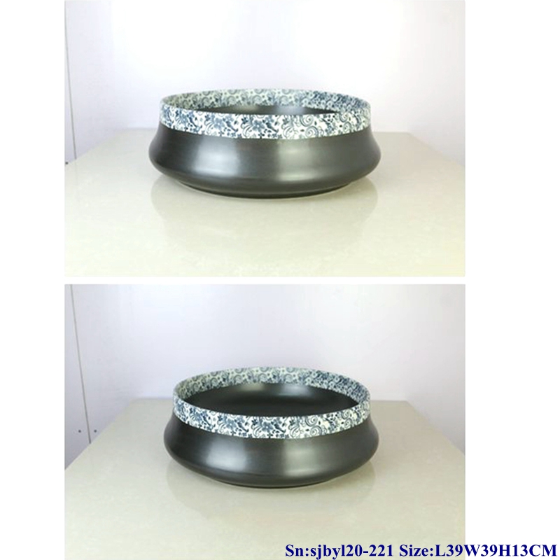 sjbyl20-221-黑底半青花100 sjby120-221 Jingdezhen half blue and white ceramic washbasin with black background - shengjiang  ceramic  factory   porcelain art hand basin wash sink