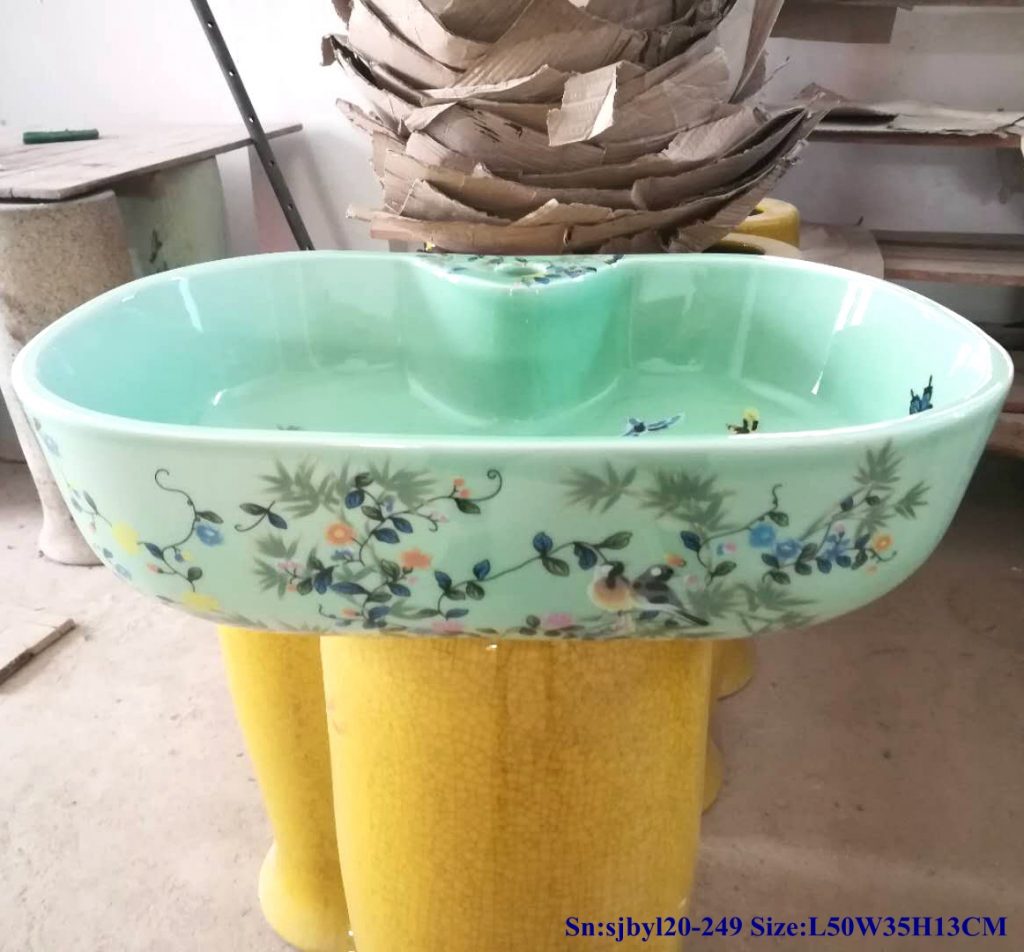 sjbyl20-249-（椭圆带孔）玉青金花鸟4-1024x952 sjby120-249 Jingdezhen Hand painted ceramic washbasin with jade blue gold flower and bird patterns - shengjiang  ceramic  factory   porcelain art hand basin wash sink