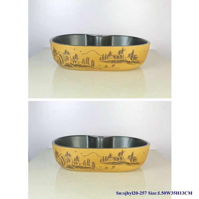 sjbyl20-257-（椭圆带孔）秋水 sjby120-257 Jingdezhen Hand painted ceramic wash basin with autumn water pattern - shengjiang  ceramic  factory   porcelain art hand basin wash sink