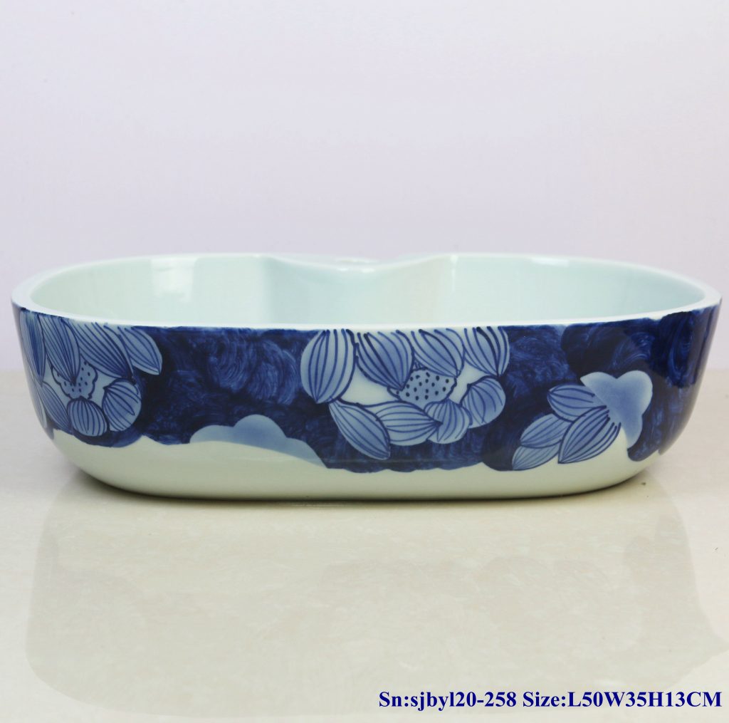 sjbyl20-258-（椭圆带孔）青花荷-1024x1015 sjby120-258 Jingdezhen Hand painted blue and white lotus pattern ceramic washbasin - shengjiang  ceramic  factory   porcelain art hand basin wash sink