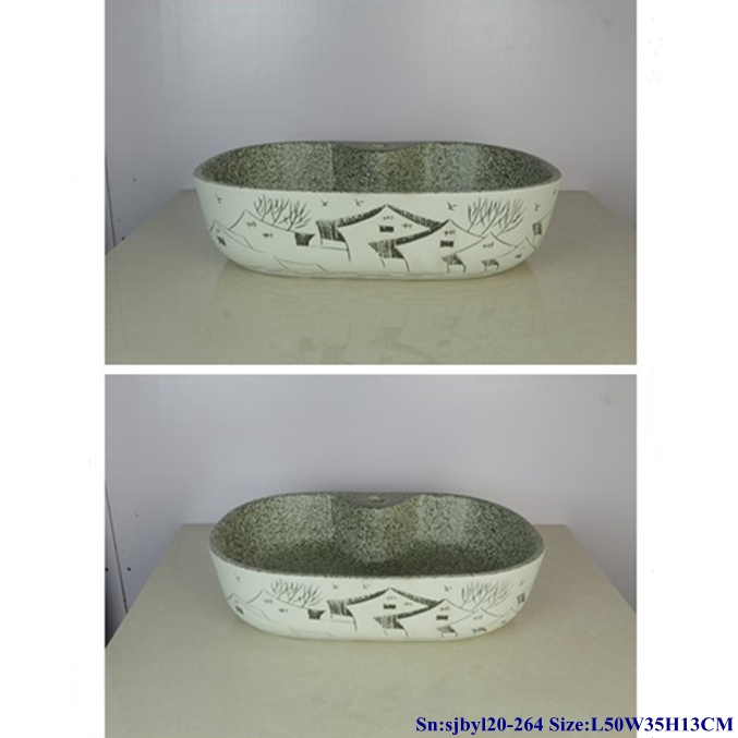 sjbyl20-264-（椭圆带孔）故乡100 sjby120-264 Jingdezhen Hand painted  Ceramic washbasin with hometown pattern - shengjiang  ceramic  factory   porcelain art hand basin wash sink