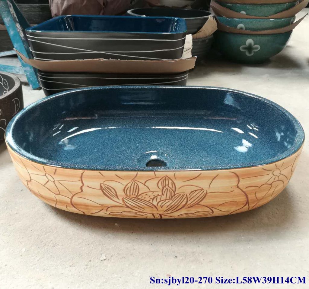 sjbyl20-270-（大椭圆）浅荷花釉2-1024x959 sjby120-270 Jingdezhen Hand painted Ceramic wash basin with light lotus glaze pattern - shengjiang  ceramic  factory   porcelain art hand basin wash sink