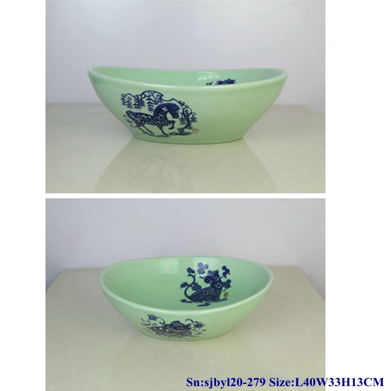 sjbyl20-279-玉青生肖70 sjby120-279 Jingdezhen Hand painted Ceramic washbasin with jade green Zodiac pattern - shengjiang  ceramic  factory   porcelain art hand basin wash sink