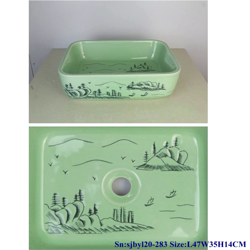 sjbyl20-283-玉砌山石 sjby120-283 Jingdezhen Hand painted Jade green basin rectangular ceramic washbasin - shengjiang  ceramic  factory   porcelain art hand basin wash sink