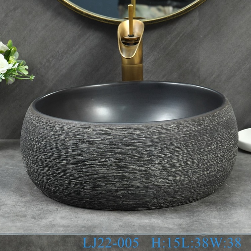 LJ22-005__6W5A8831-SNSIZE LJ22-005 Ceramic Washbasin  Bathroom Sink Waist drum shape Brown and Black Pattern - shengjiang  ceramic  factory   porcelain art hand basin wash sink