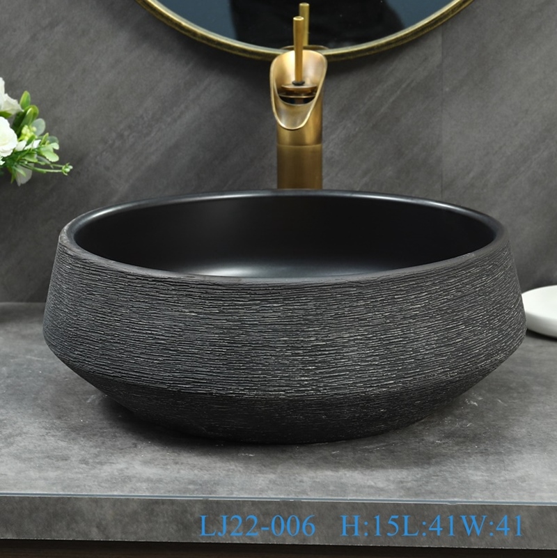 LJ22-006__6W5A8828-SNSIZE LJ22-006 Small Watermelon shape Ceramic Washbasin  Bathroom Sink Brown and Black Pattern - shengjiang  ceramic  factory   porcelain art hand basin wash sink