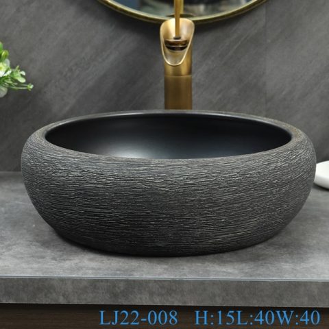 LJ22-008 Jingdezhen Curled waist drum Brown and Black Pattern Ceramic Washbasin  Bathroom Sink Counter top