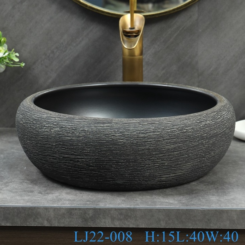 LJ22-008__6W5A8822-SNSIZE LJ22-008 Jingdezhen Curled waist drum Brown and Black Pattern Ceramic Washbasin  Bathroom Sink Counter top - shengjiang  ceramic  factory   porcelain art hand basin wash sink