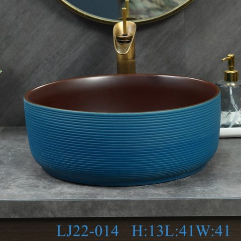 LJ22-014 Creative Dark Blue color Glazed Stripe lines Ceramic Counter Top Wash Sink Bathroom Basin￼￼￼