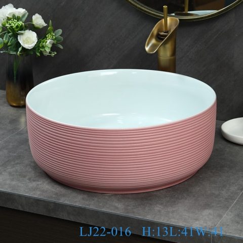 LJ22-016 Stripe lines HumpPink Color Jingdezhen Porcelain Bathroom Basin Ceramic Counter Top Wash Sink