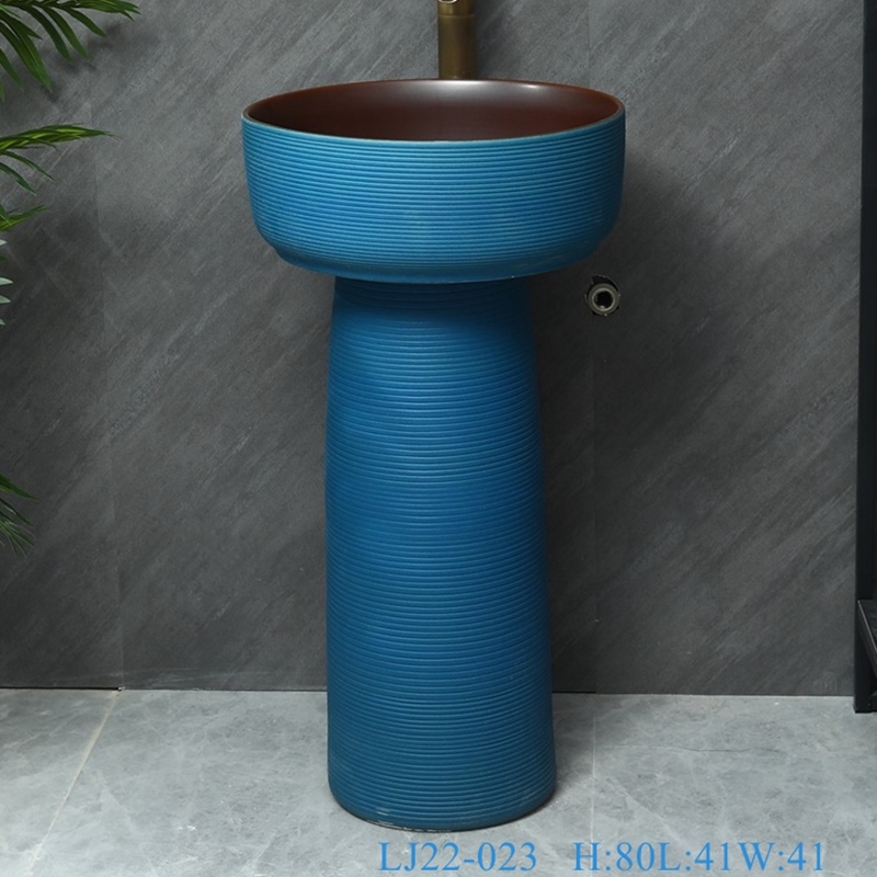LJ22-023__6W5A8727-SNSIZE LJ22-023 Dark Blue color glazed top quality Hotel Outdoor Bathroom Floor Stand Sink Ceramic Wash Basins - shengjiang  ceramic  factory   porcelain art hand basin wash sink