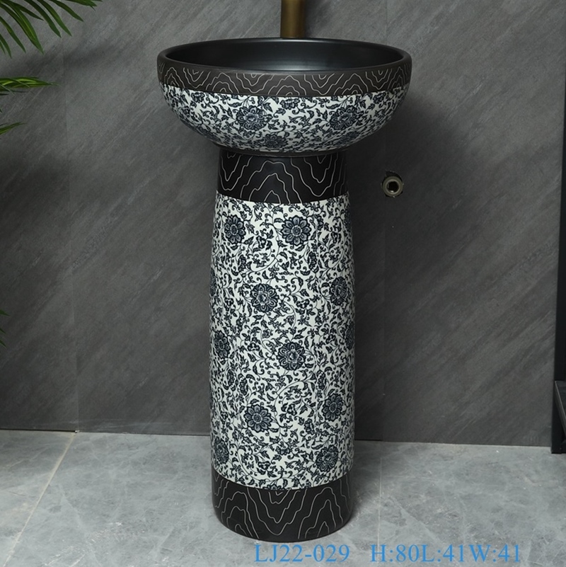 LJ22-029__6W5A8643-SNSIZE LJ22-029  Ceramic Counter top Hotel Bathroom Floor Stand Sink Wash Basins Black and White Twisted Flower Pattern - shengjiang  ceramic  factory   porcelain art hand basin wash sink