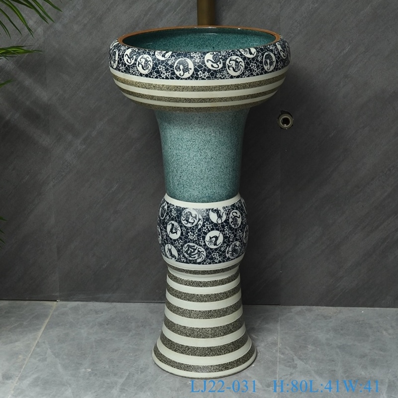 LJ22-031__6W5A8615-SNSIZE LJ22-031  Vintage Green and Twisted flower Pattern Hotel Bathroom Floor Stand Sink Ceramic Counter top  Wash Basins - shengjiang  ceramic  factory   porcelain art hand basin wash sink