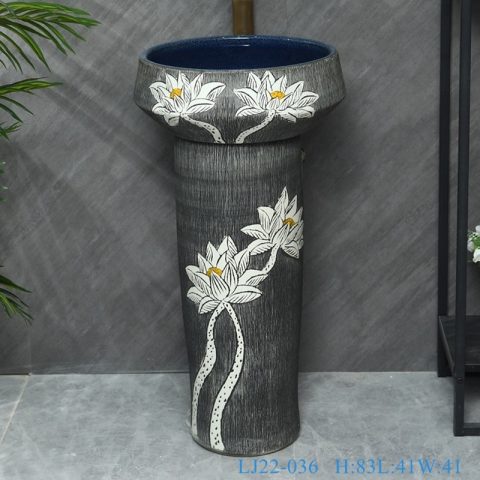 LJ22-036  2 pieces.set Vintage White Lotus Flower Carved Hotel Bathroom Floor Stand Sink Ceramic Wash Basins