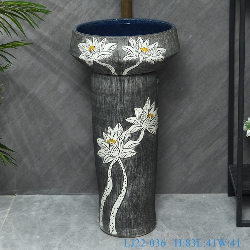LJ22-036__6W5A8563-SNSIZE LJ22-036  2 pieces.set Vintage White Lotus Flower Carved Hotel Bathroom Floor Stand Sink Ceramic Wash Basins - shengjiang  ceramic  factory   porcelain art hand basin wash sink