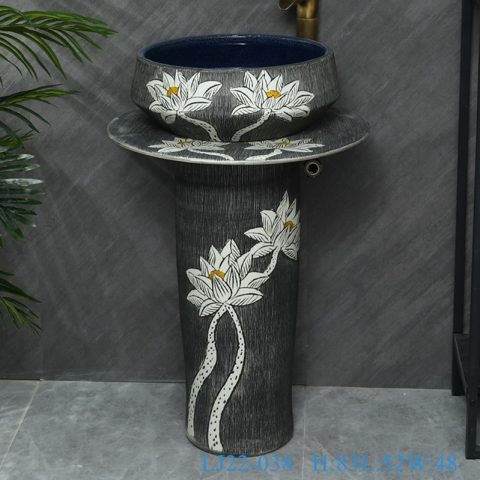 LJ22-038  3 pieces/set Ceramic White Lotus Flower Carved Big Floor Stand Sink Counter top Wash Basins