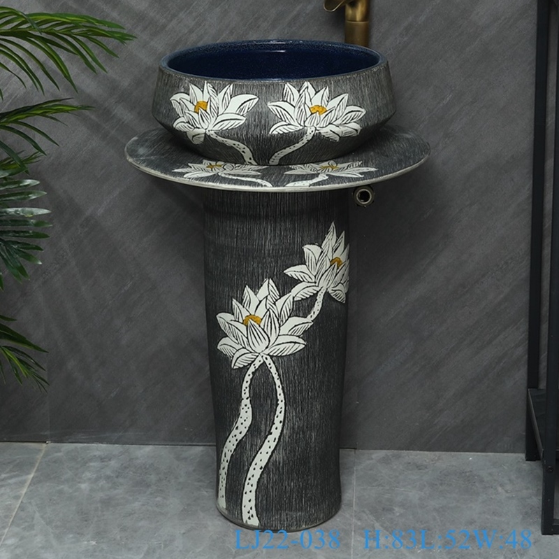 LJ22-038__6W5A8550-SNSIZE LJ22-038  3 pieces/set Ceramic White Lotus Flower Carved Big Floor Stand Sink Counter top Wash Basins - shengjiang  ceramic  factory   porcelain art hand basin wash sink
