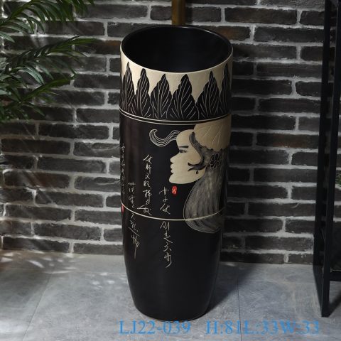 LJ22-039 Black and white Beauties Carved Jingdezhen Ceramic Wash Basin Pedestal for Bathroom