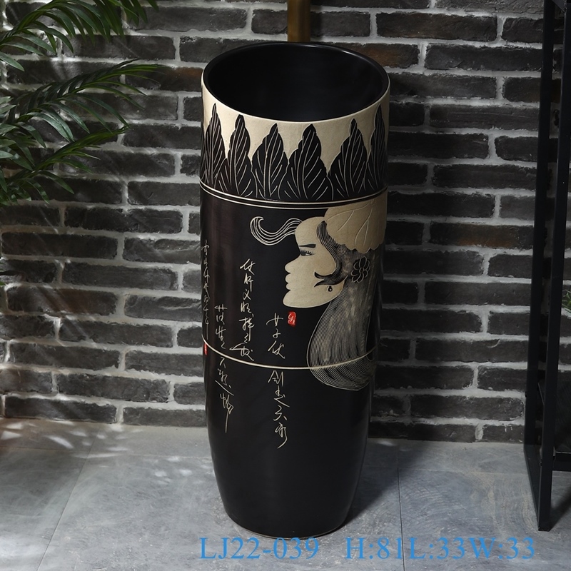 LJ22-039__6W5A8363-SNSIZE LJ22-039 Black and white Beauties Carved Jingdezhen Ceramic Wash Basin Pedestal for Bathroom - shengjiang  ceramic  factory   porcelain art hand basin wash sink