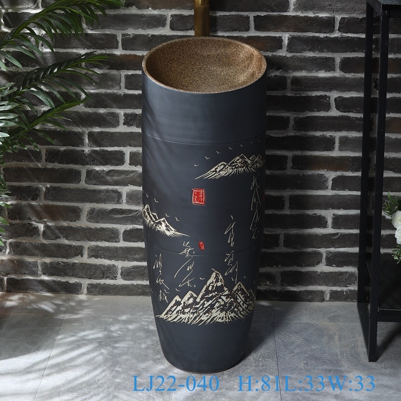 LJ22-040__6W5A8356-SNSIZE LJ22-040 Jingdezhen Letters Mountain Patterns Ceramic sink bathroom hand wash basin one piece stand basin - shengjiang  ceramic  factory   porcelain art hand basin wash sink