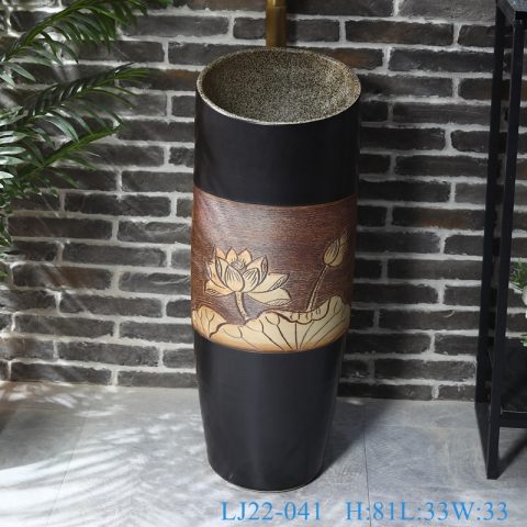 LJ22-041 Jingdezhen Lotus Carved Black Ceramic Wash Basin Pedestal  Bathroom Standing Sink￼￼￼
