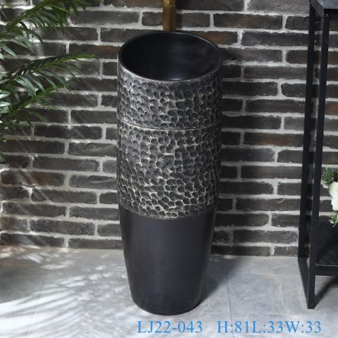 LJ22-043 Jingdezhen Black One-piece hand Wash Bathroom Sink Ceramic  wash basin with Pedestal