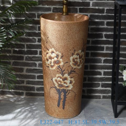 LJ22-047 Jingdezhen Ceramic  Brown Color Flower Patten bathroom sink hand wash basin one piece stand basin