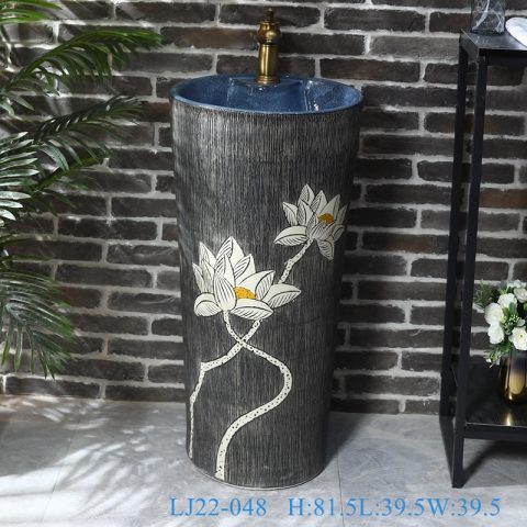 LJ22-048 Jingdezhen wholesale Lotus Flower carved Bathroom sink one piece unitary ceramic round pedestal basin