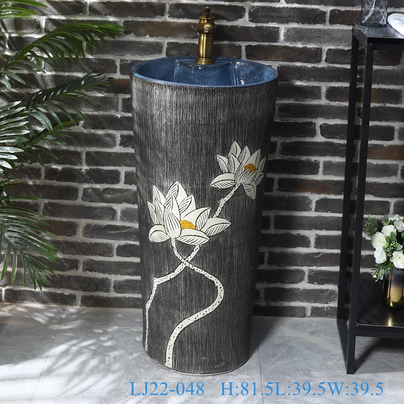 LJ22-048__6W5A8275-SNSIZE LJ22-048 Jingdezhen wholesale Lotus Flower carved Bathroom sink one piece unitary ceramic round pedestal basin - shengjiang  ceramic  factory   porcelain art hand basin wash sink
