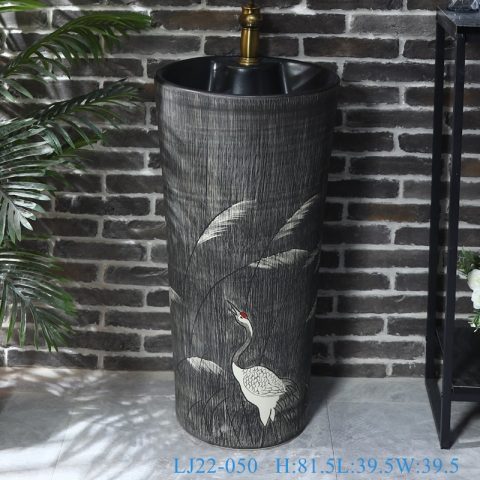 LJ22-050 Jingdezhen Vintage Black porcelain Crane art Design Ceramic  pedestal washing basin for bathroom￼￼￼