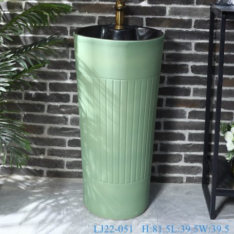 LJ22-051 Light Green Color Glazed Porcelain Striped Design Ceramic  pedestal Hotel washing basin for bathroom