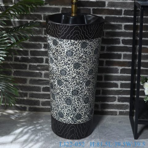 LJ22-052 New Design Black Glaze With Flower Pattern Round Column Basin Ceramic Bathroom Sink Basin Hand Wash Pedestal Basin