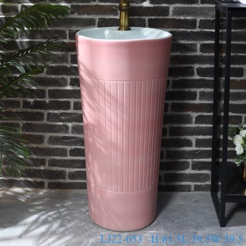 LJ22-053 Pedestal Sink Chinese Style Pink Color Glazed Bathroom Wash Basin Hand Sanitary Ware￼￼￼