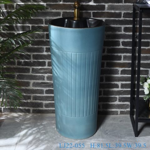 LJ22-055 Vintage Pedestal Blue Color Glazed Ceramic Wash Basin Hand Bathroom Sanitary Ware