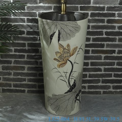LJ22-064 Bathroom One Piece Hotel Outdoor Lotus Pattern Ceramic Wash Basin Column Pedestal Basin
