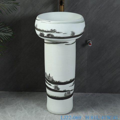 LJ22-069 two piece/set Landscape Pattern White color Ceramic wash basin with pedestal Bathroom Sink
