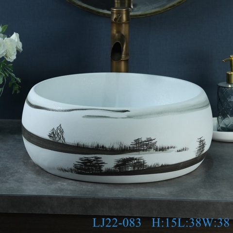 LJ22-083 Chinese Simple Landscape ink Pattern Round shape Ceramic wash basin