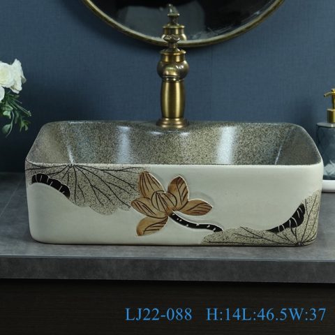 LJ22-088 Bathroom sink ceramic wash basin Rectangle shape lotus Pattern bathroom basin Grey