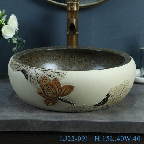 LJ22-091 Chinese Lotus Pattern Rolled waist drum ceramic Hand wash basin Bathroom sink Counter top