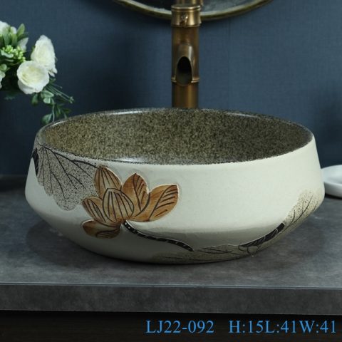 LJ22-092 Vintage Kick Shape Lotus ceramic Hand wash basin Hotel Bathroom sink Counter top