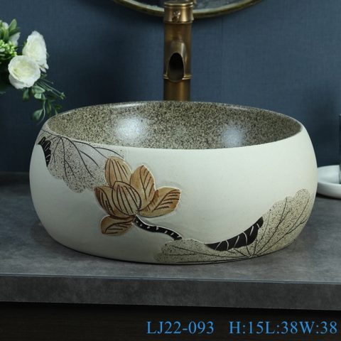 LJ22-093  Ceramic Hand wash basin Bathroom sink Counter top Round shape Lotus Pattern