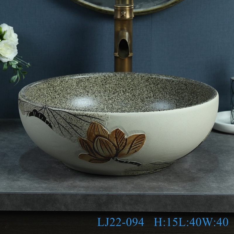 LJ22-094__6W5A5797-SNSIZE LJ22-094 Hotel Bathroom sink Counter top ceramic Hand wash basin Round shape Lotus Pattern - shengjiang  ceramic  factory   porcelain art hand basin wash sink