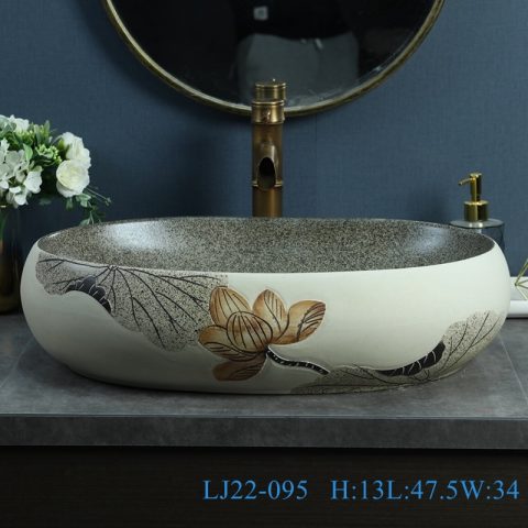 LJ22-095  Jingdezhen Goose egg Shape Lotus Pattern Ceramic Hand wash basin Bathroom sink Counter Top
