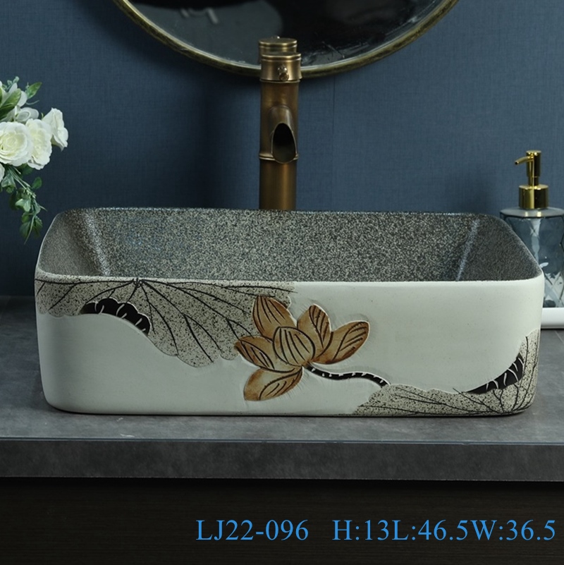 LJ22-096__6W5A5784-SNSIZE LJ22-096/ LJ22-097 Vintage Lotus Pattern Rectangle shape Ceramic Hand wash basin Bathroom sink Counter Top - shengjiang  ceramic  factory   porcelain art hand basin wash sink